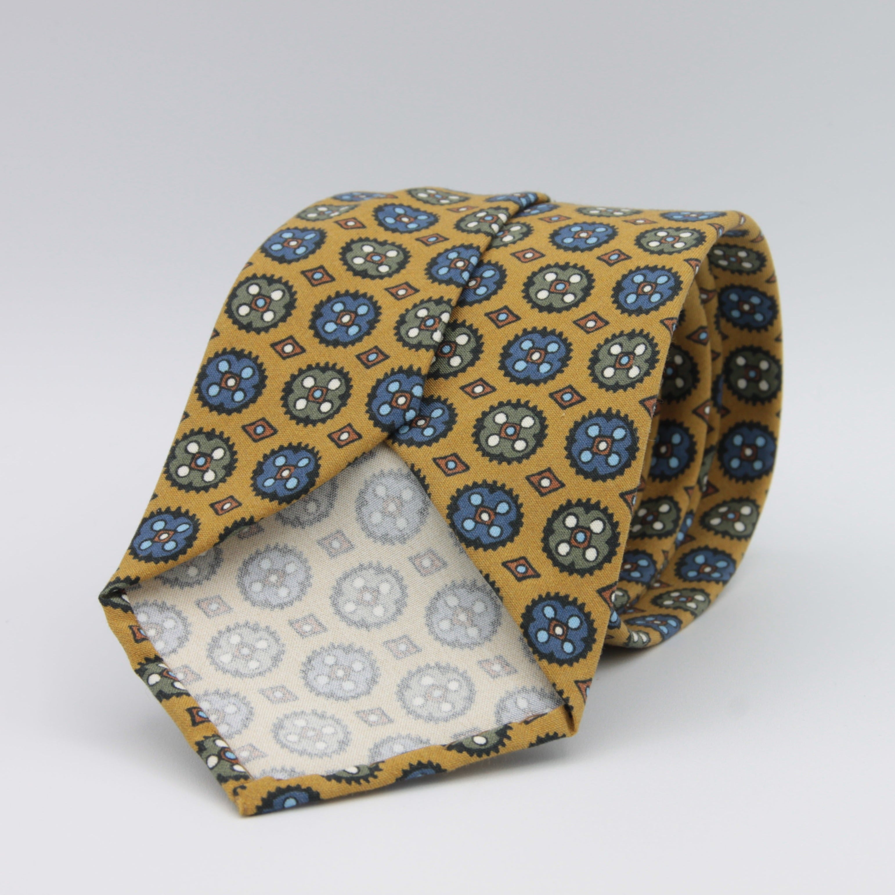 Cruciani & Bella 100% Printed Madder Silk  Italian fabric Unlined tie Mustard, Blue, Military green and Brown Motifs Tie Handmade in Italy 8 cm x 150 cm #7629