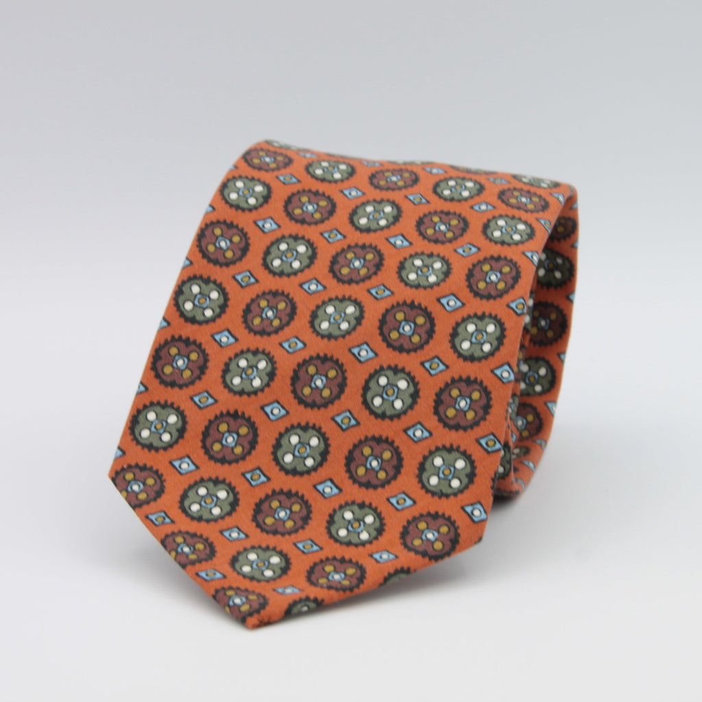 Cruciani & Bella 100% Printed Madder Silk  Italian fabric Unlined tie Orange, Blue, Military green and Brown Motifs Tie Handmade in Italy 8 cm x 150 cm #7630
