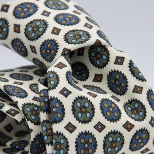 Cruciani & Bella 100% Printed Madder Silk  Italian fabric Unlined tie Off White, Blue, Military green and Brown Motifs Tie Handmade in Italy 8 cm x 150 cm #7631