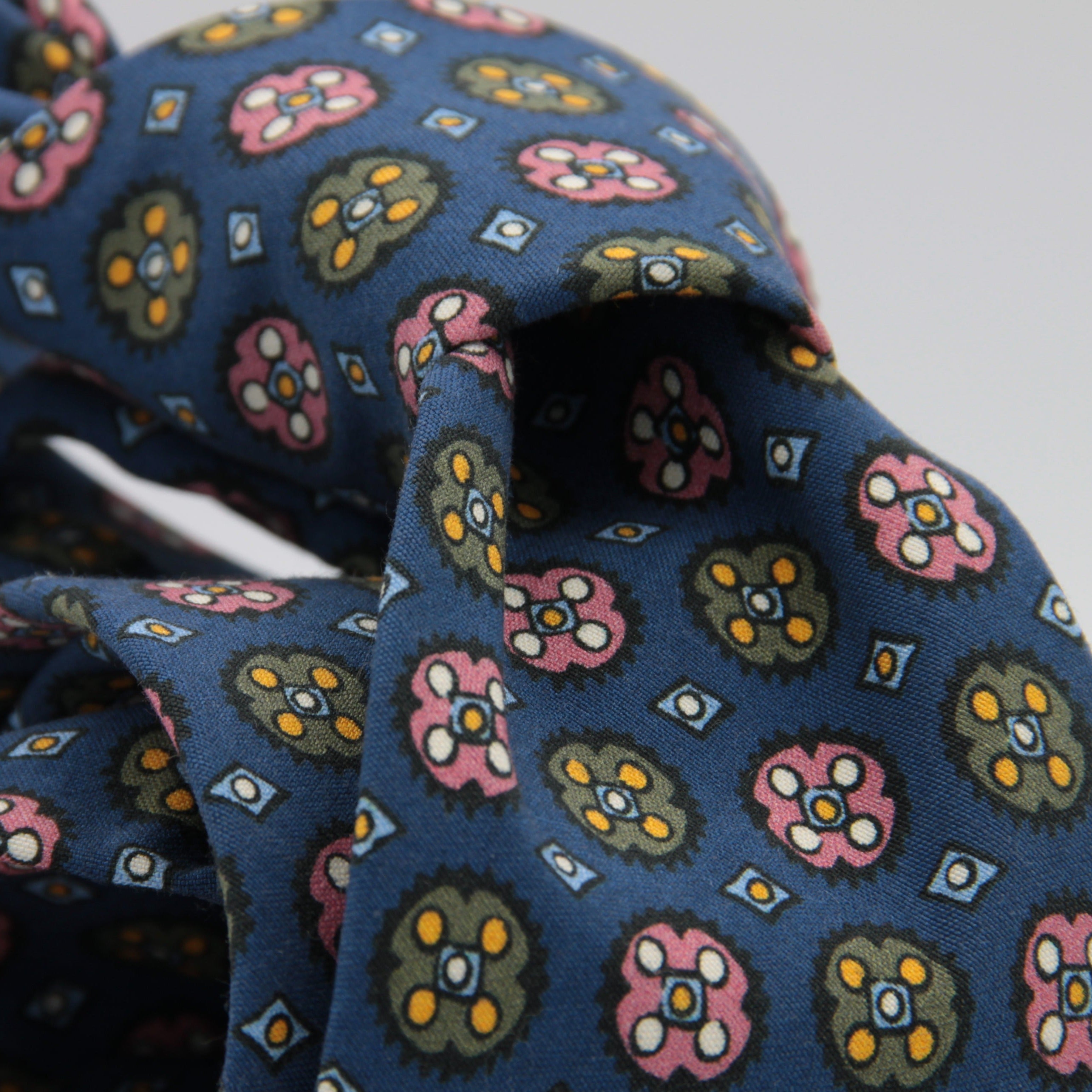 Cruciani & Bella 100% Printed Madder Silk  Italian fabric Unlined tie Blue, Pink, Military green and Orange Motifs Tie Handmade in Italy 8 cm x 150 cm #7628