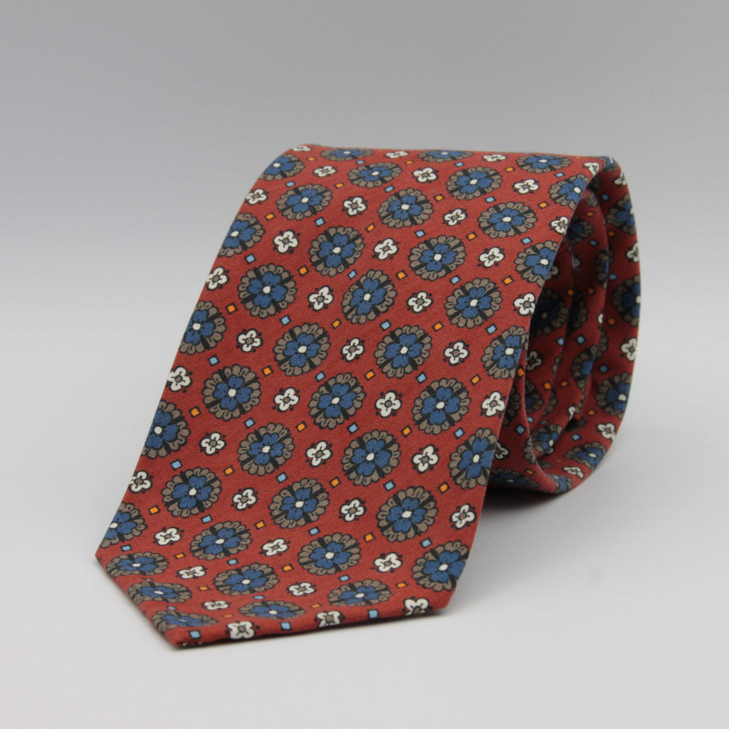 Cruciani & Bella 100% Printed Madder Silk  Italian fabric Unlined tie Rust, Blue, Grey and Red Motifs Tie Handmade in Italy 8 cm x 150 cm #7627