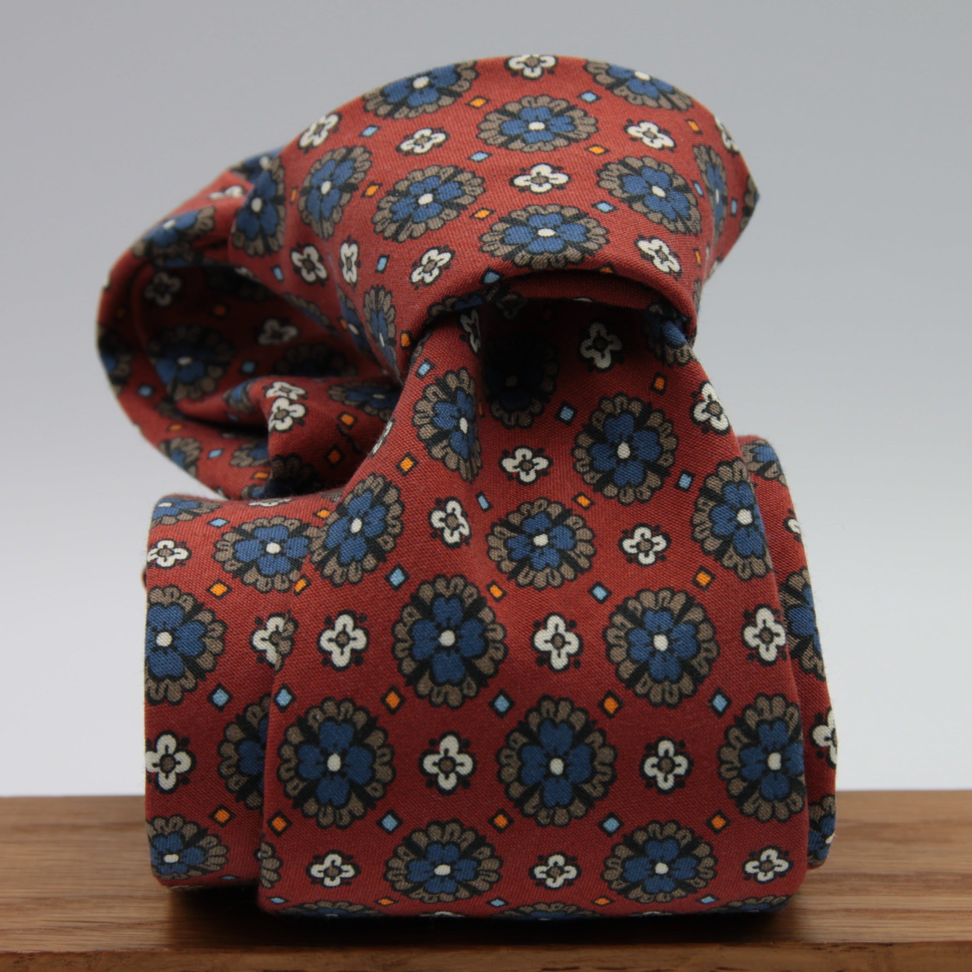 Cruciani & Bella 100% Printed Madder Silk  Italian fabric Unlined tie Rust, Blue, Grey and Red Motifs Tie Handmade in Italy 8 cm x 150 cm #7627