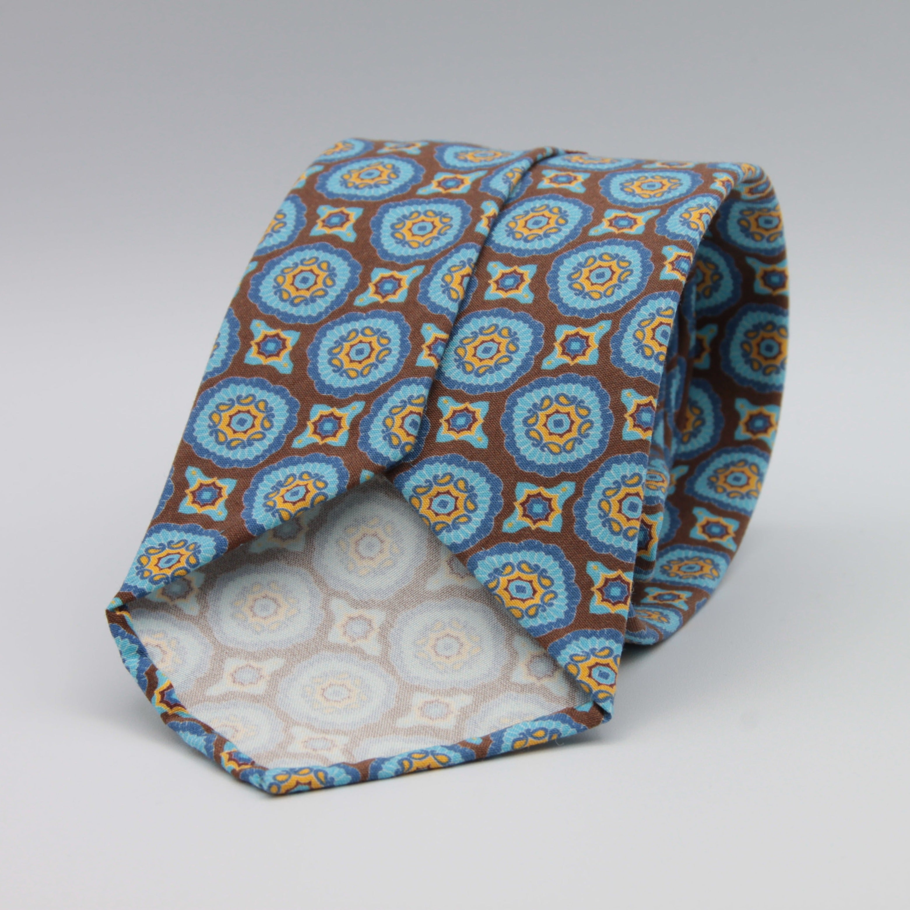 Cruciani & Bella 100% Printed Madder Silk  Italian fabric Unlined tie Brown, Blue and Yellow Motifs Tie Handmade in Italy 8 cm x 150 cm #7622
