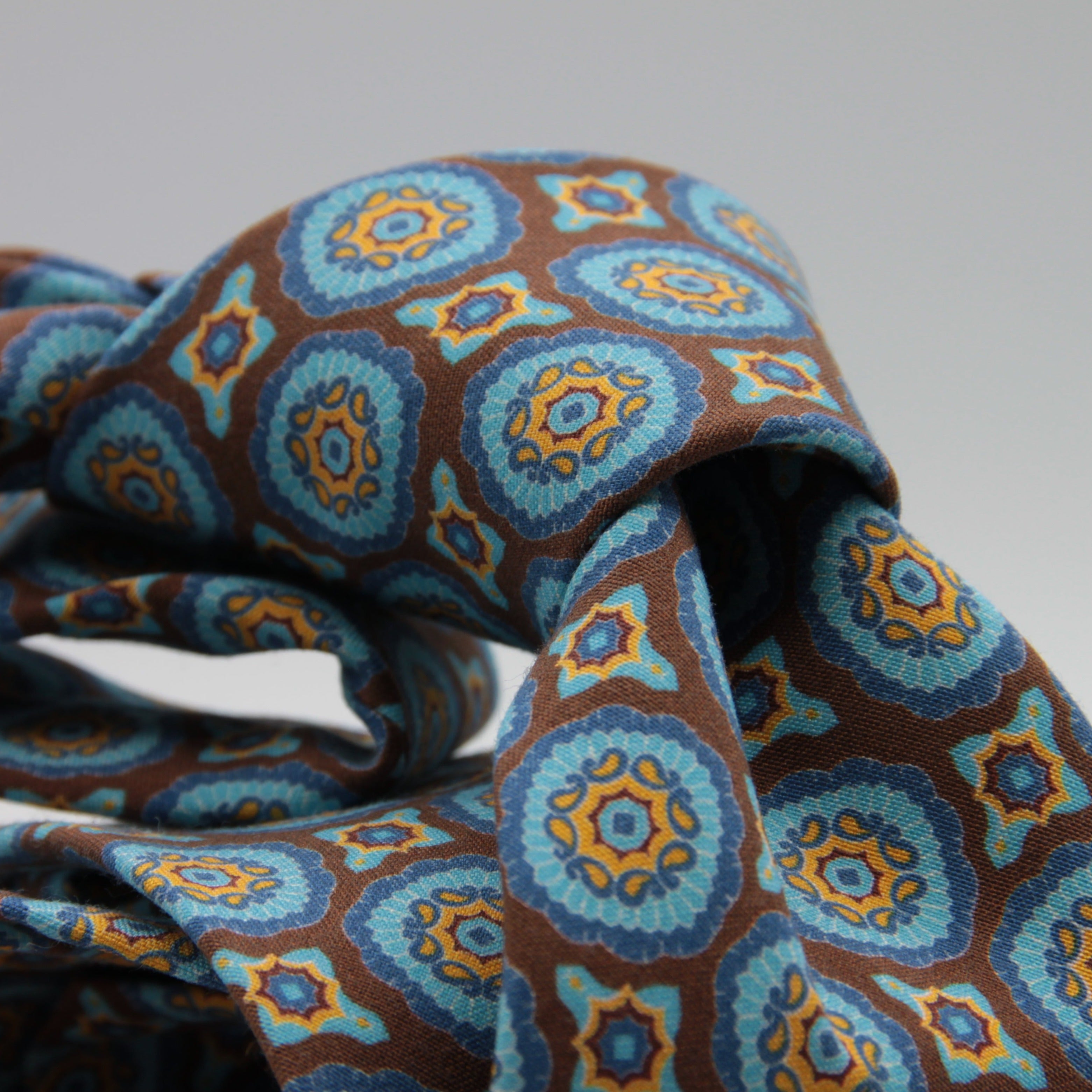 Cruciani & Bella 100% Printed Madder Silk  Italian fabric Unlined tie Brown, Blue and Yellow Motifs Tie Handmade in Italy 8 cm x 150 cm #7622