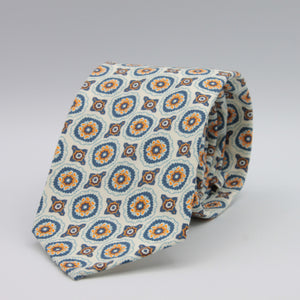 Cruciani & Bella 100% Printed Madder Silk  Italian fabric Unlined tie Off White, Blue, Orange and Brown Motifs Tie Handmade in Italy 8 cm x 150 cm #7624