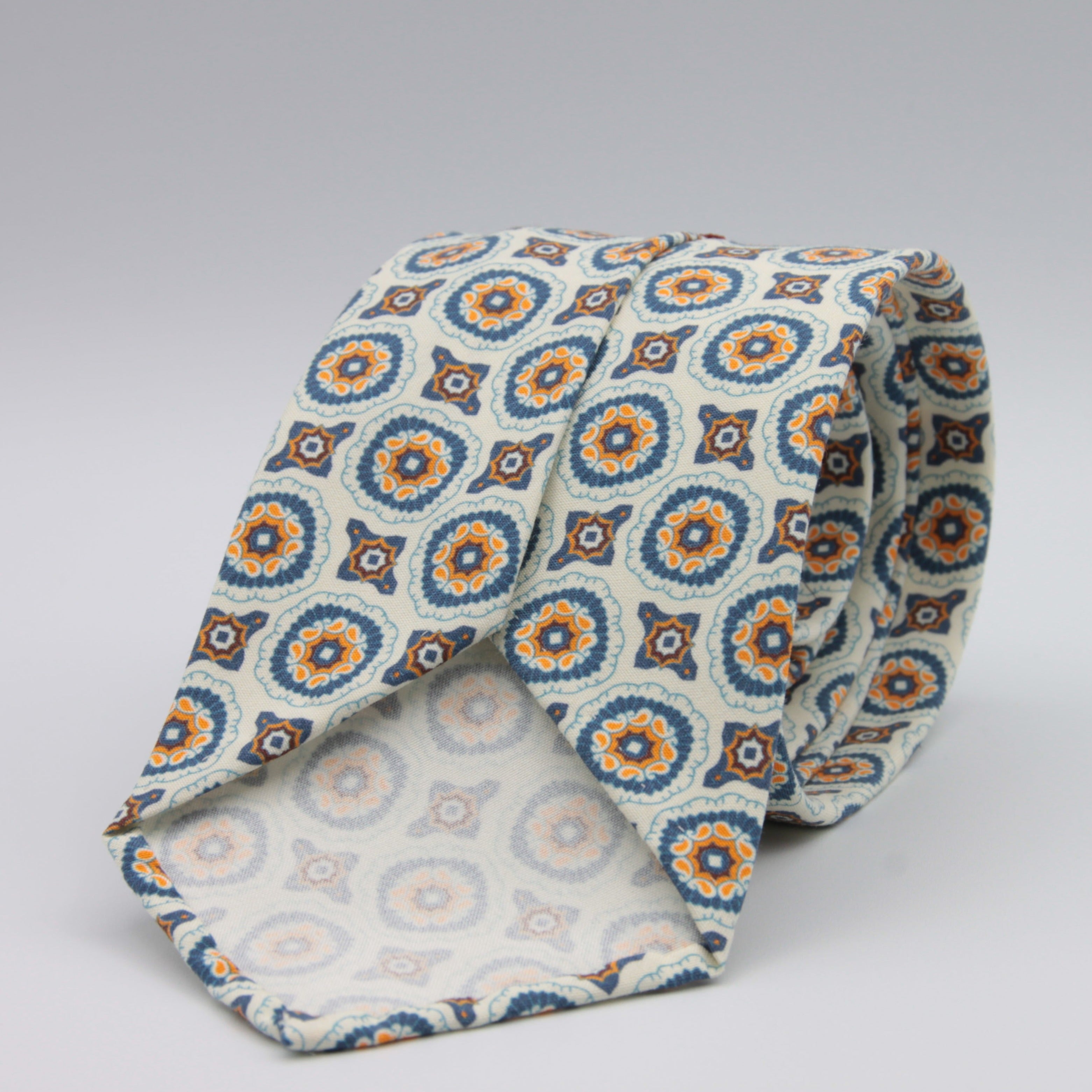 Cruciani & Bella 100% Printed Madder Silk  Italian fabric Unlined tie Off White, Blue, Orange and Brown Motifs Tie Handmade in Italy 8 cm x 150 cm #7624
