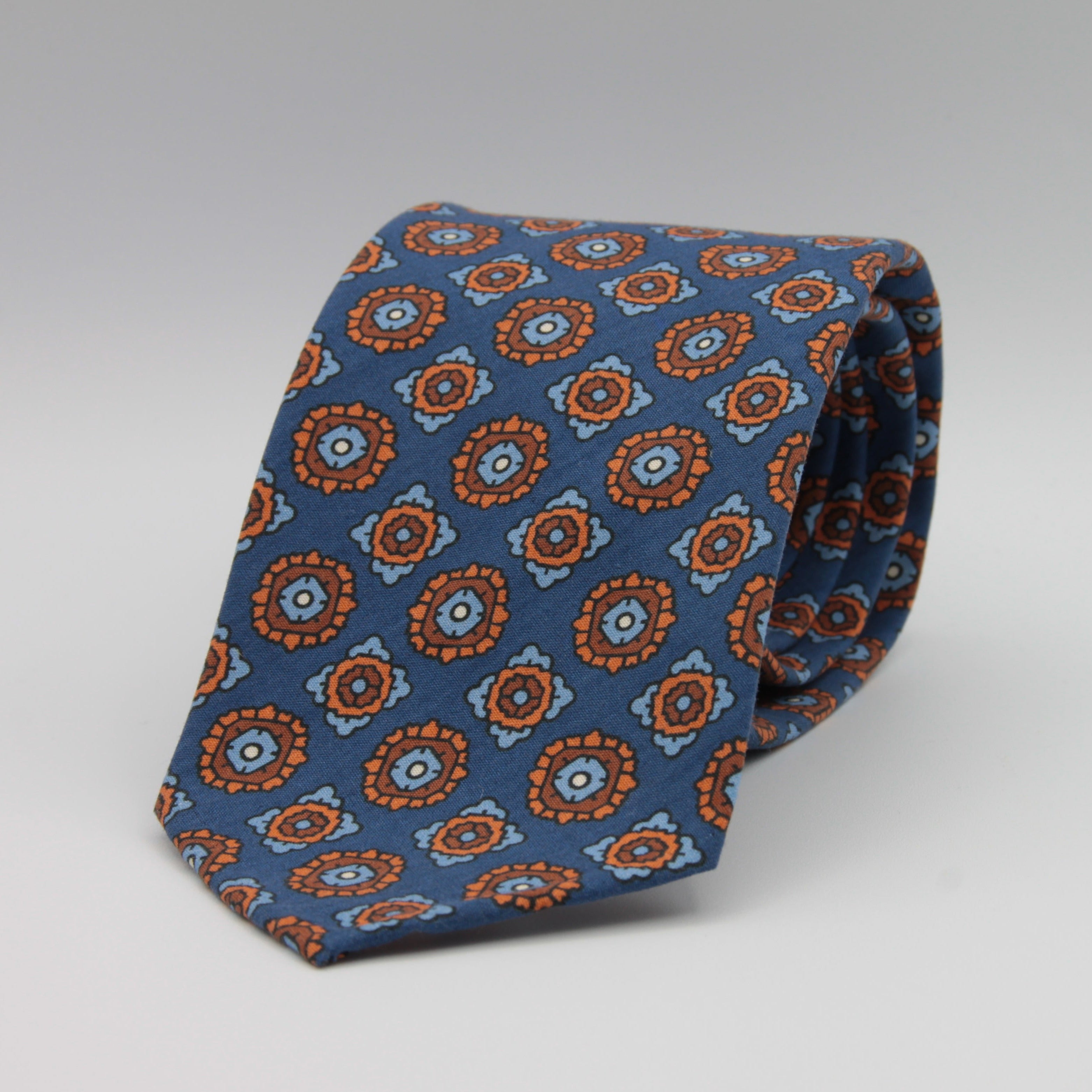 Cruciani & Bella 100% Printed Madder Silk  Italian fabric Unlined tie Blue, Orange and Brown Motifs Tie Handmade in Italy 8 cm x 150 cm #7617