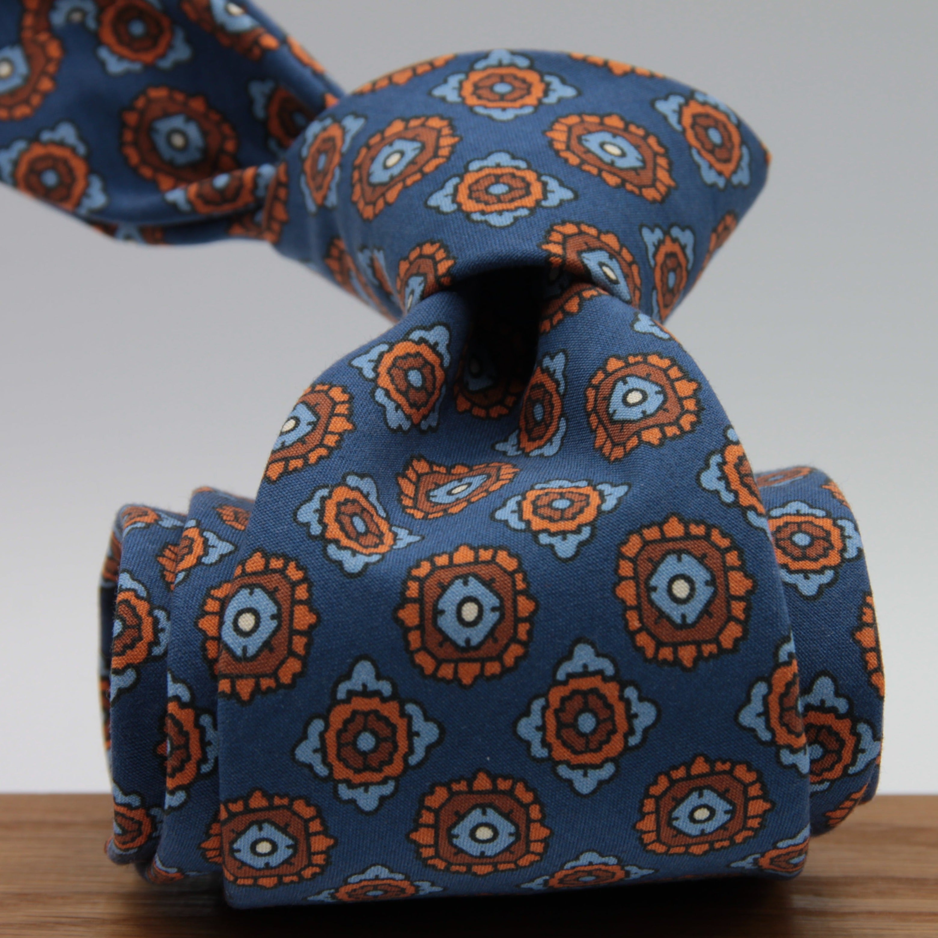 Cruciani & Bella 100% Printed Madder Silk  Italian fabric Unlined tie Blue, Orange and Brown Motifs Tie Handmade in Italy 8 cm x 150 cm #7617