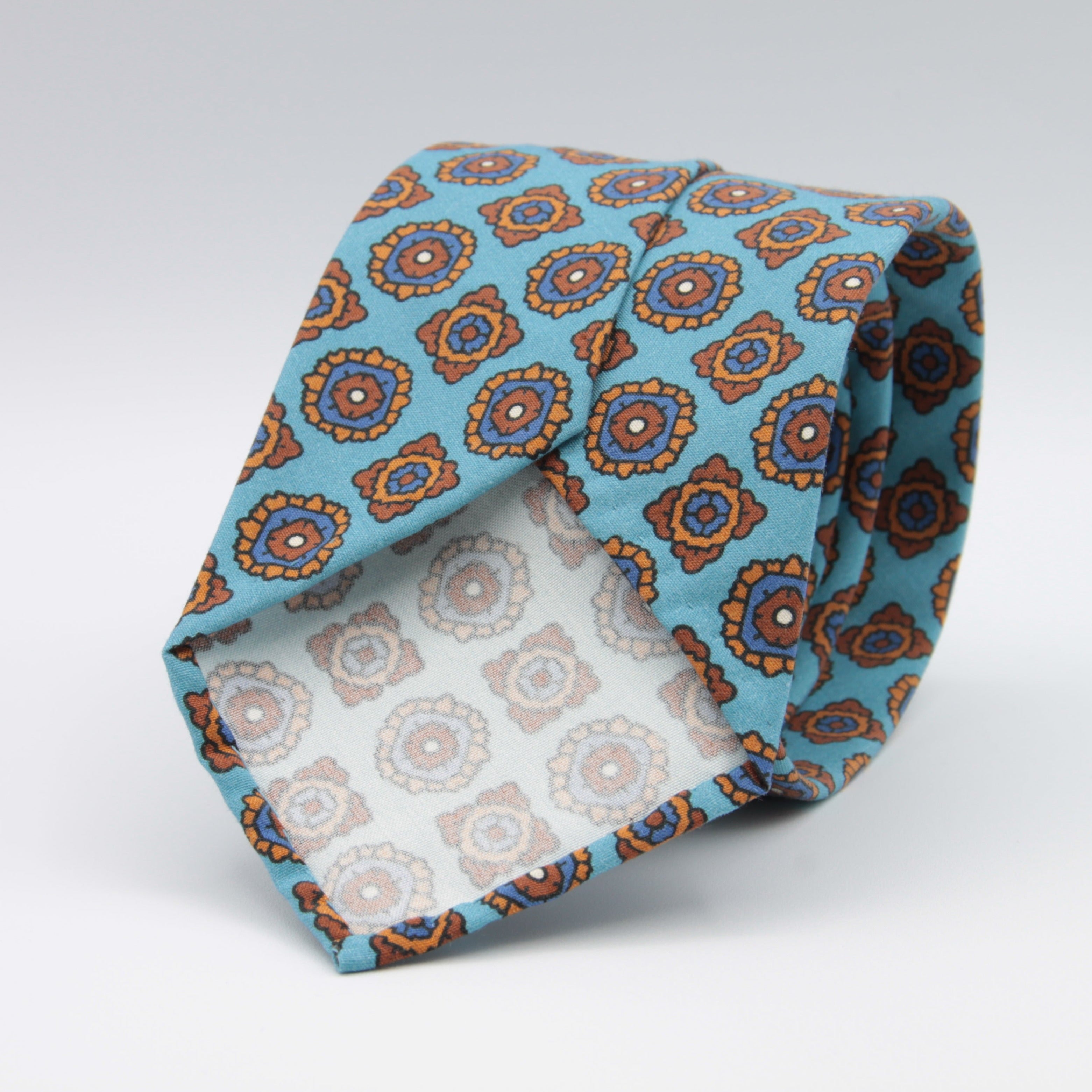 Cruciani & Bella 100% Printed Madder Silk  Italian fabric Unlined tie Light Blue, Brown and Blue Motifs Tie Handmade in Italy 8 cm x 150 cm #7619
