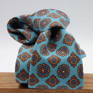 Cruciani & Bella 100% Printed Madder Silk  Italian fabric Unlined tie Light Blue, Brown and Blue Motifs Tie Handmade in Italy 8 cm x 150 cm #7619