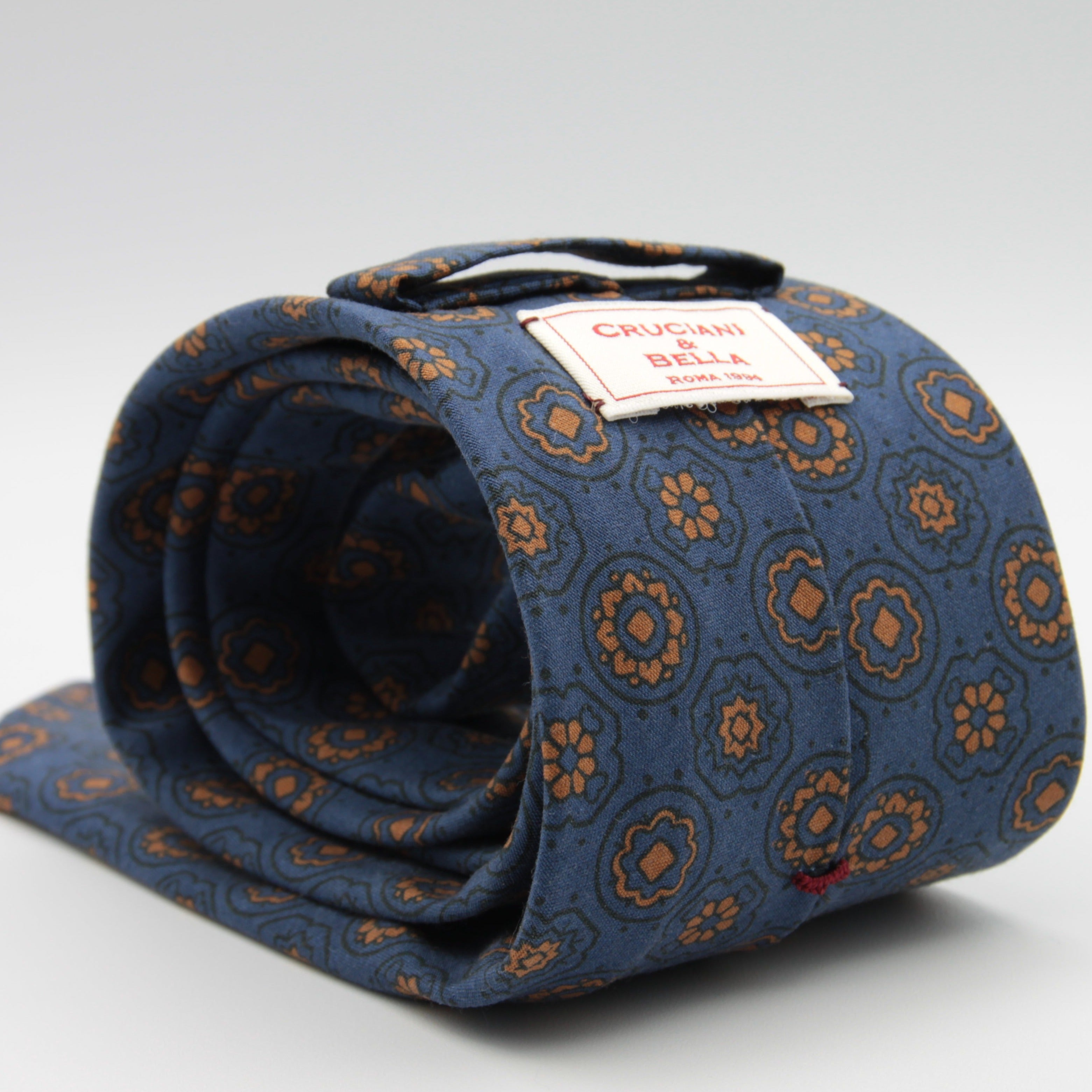 Cruciani & Bella 100% Printed Madder Silk  Italian fabric Unlined tie Blue and Brown Motifs Tie Handmade in Italy 8 cm x 150 cm #7640