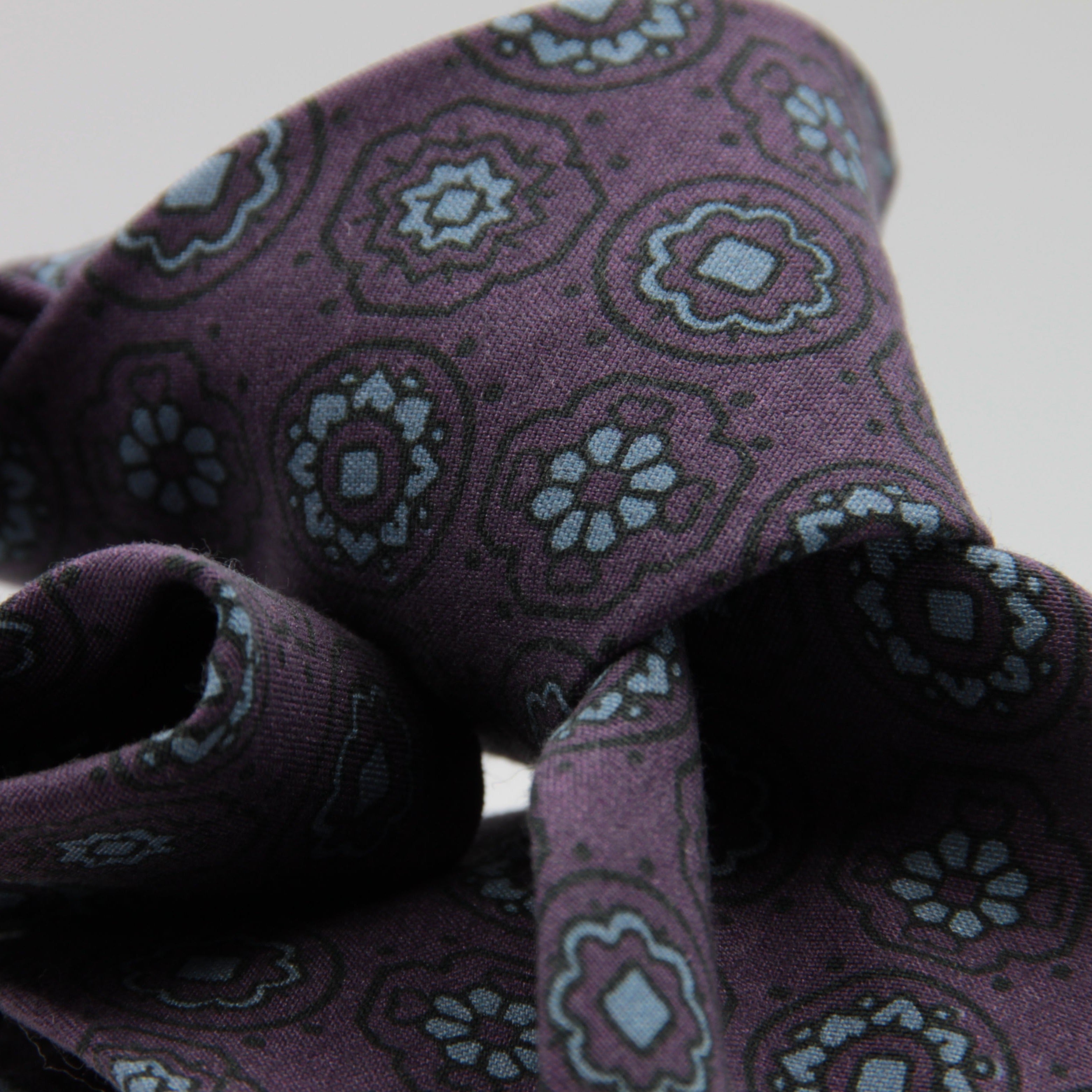 Cruciani & Bella 100% Printed Madder Silk  Italian fabric Unlined tie Purple and Light Blue Motifs Tie Handmade in Italy 8 cm x 150 cm #7642
