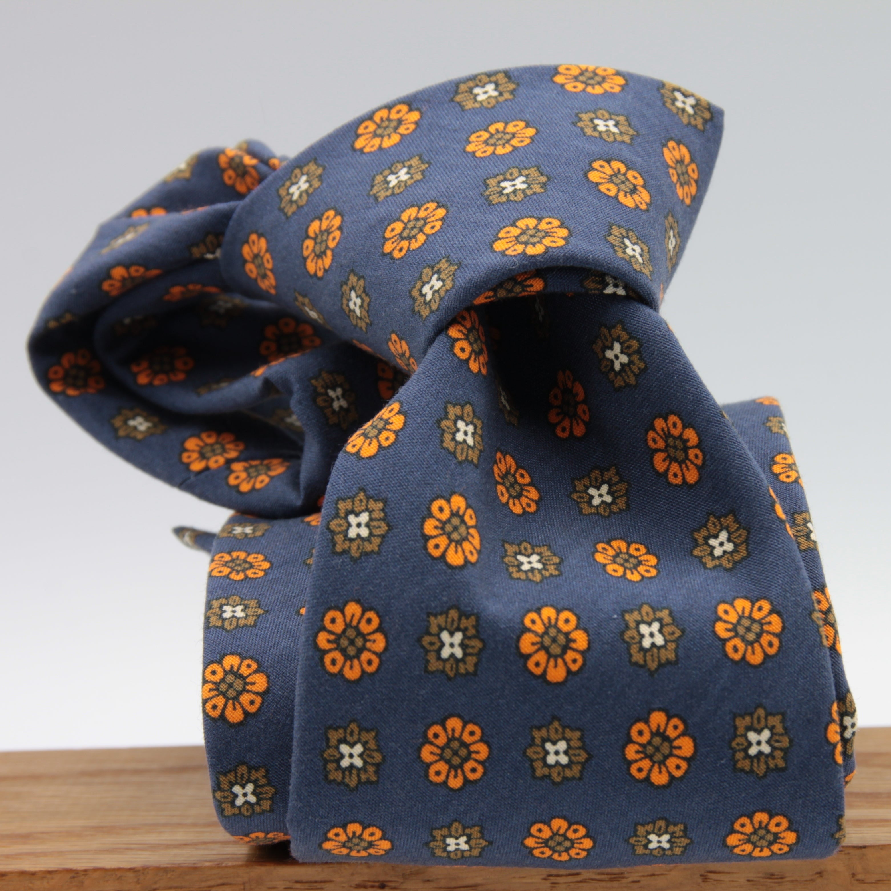 Cruciani & Bella 100% Printed Madder Silk  Italian fabric Unlined tie Blue, Orange and Brown Motifs Tie Handmade in Italy 8 cm x 150 cm #7632