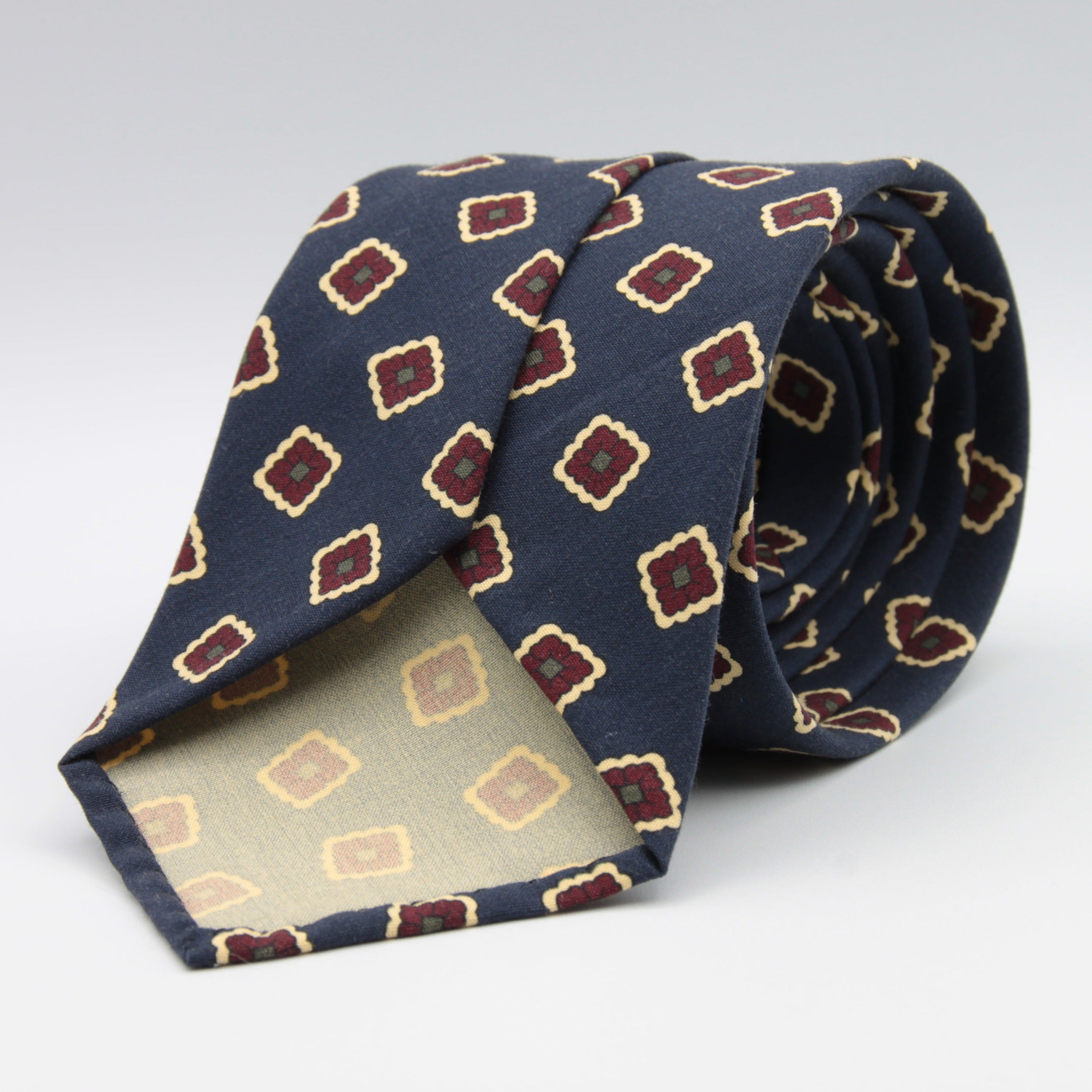 Cruciani & Bella 100% Printed Madder Silk  Italian fabric Unlined tie Blue, Cream, Red and Green Motifs Tie Handmade in Italy 8 cm x 150 cm #7614