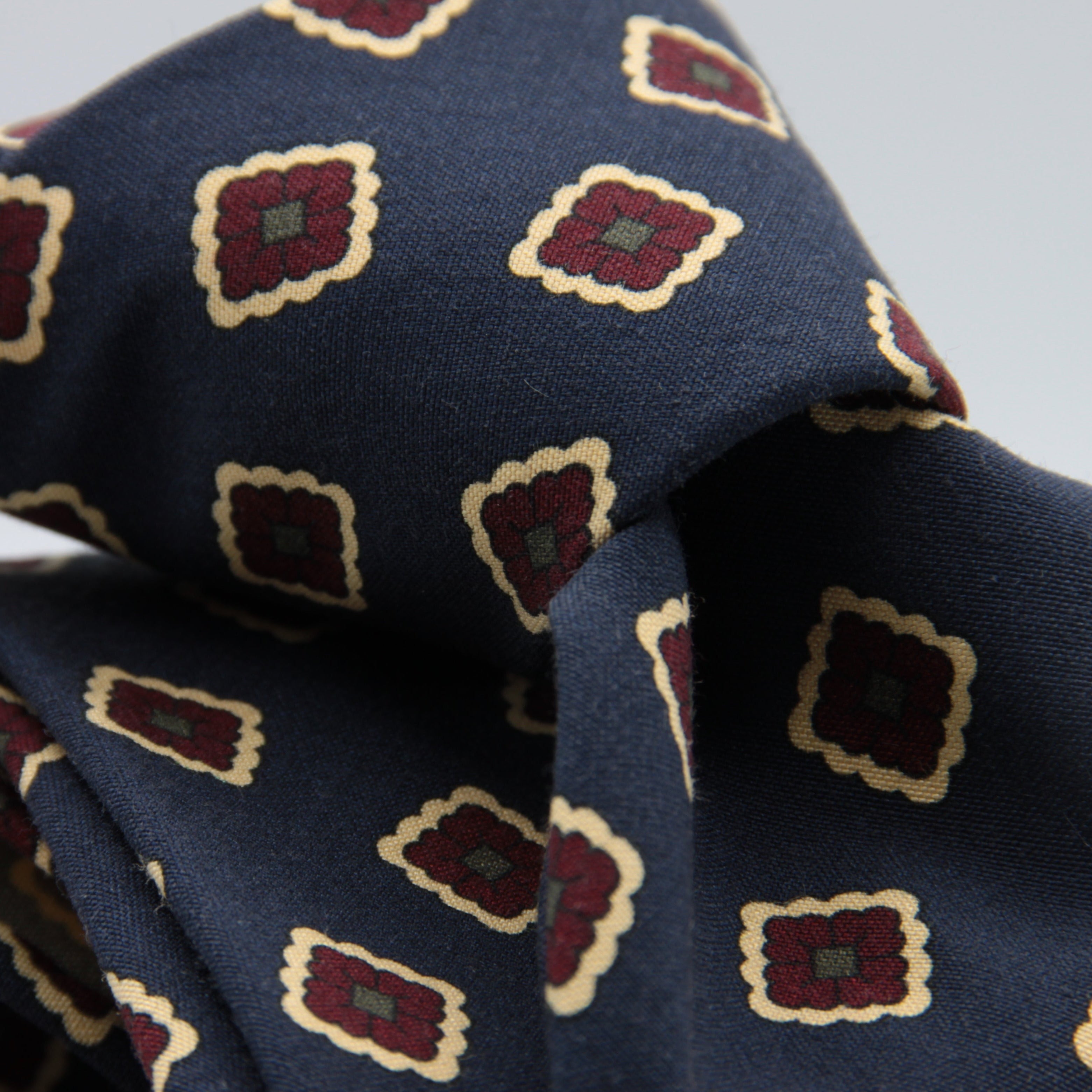 Cruciani & Bella 100% Printed Madder Silk  Italian fabric Unlined tie Blue, Cream, Red and Green Motifs Tie Handmade in Italy 8 cm x 150 cm #7614