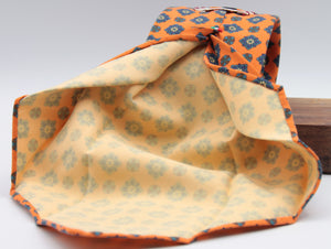 Cruciani & Bella 100% printed Madder Silk Unlined Seven Fold Orange, Blue, Brown and White motif tie Handmade in Italy 8 cm x 150 cm #7688