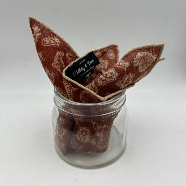Holliday & Brown Hand-rolled   Holliday & Brown for Cruciani & Bella 89% Wool 11% Silk Light Brown, White  Paisley  Motif  Pocket Square Handmade in Italy 31 cm X 31 cm #0514