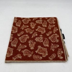 Holliday & Brown Hand-rolled   Holliday & Brown for Cruciani & Bella 89% Wool 11% Silk Light Brown, White  Paisley  Motif  Pocket Square Handmade in Italy 31 cm X 31 cm #0514