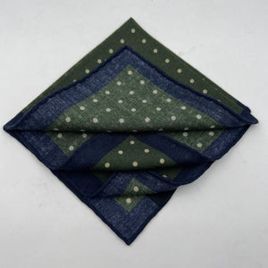 Holliday & Brown Hand-rolled   Holliday & Brown for Cruciani & Bella 89% Wool 11% Silk Green, Blue and Cream Dots  Motif  Pocket Square Handmade in Italy 31 cm X 31 cm #0513