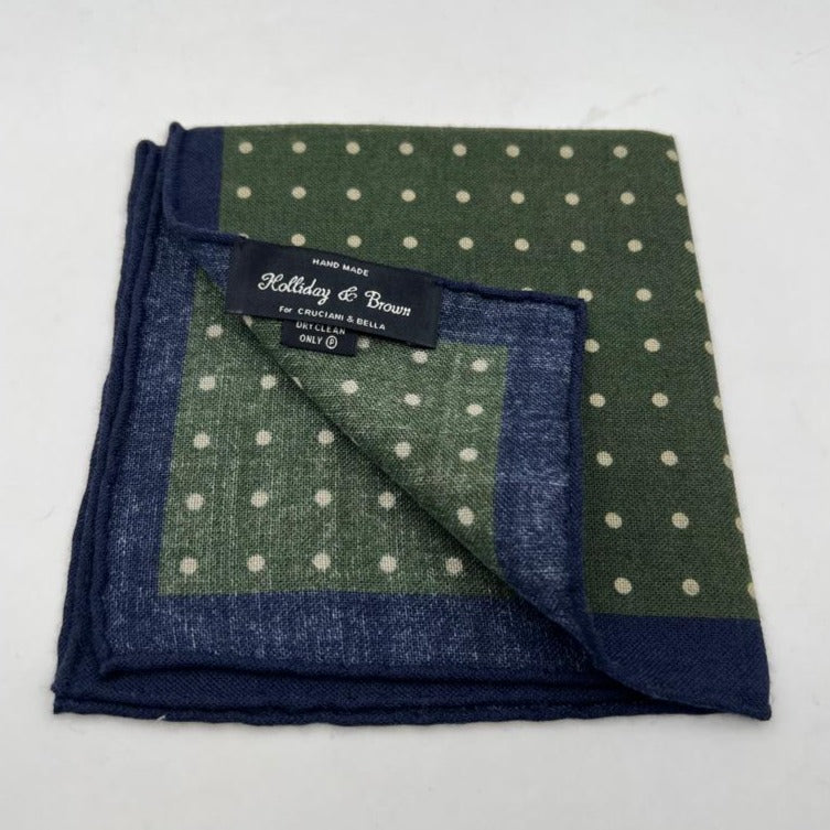 Holliday & Brown Hand-rolled   Holliday & Brown for Cruciani & Bella 89% Wool 11% Silk Green, Blue and Cream Dots  Motif  Pocket Square Handmade in Italy 31 cm X 31 cm #0513