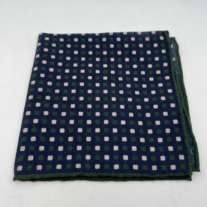 Holliday & Brown Hand-rolled   Holliday & Brown for Cruciani & Bella 89% Wool 11% Silk Blue, Green and Cream  Patterned Motif  Pocket Square Handmade in Italy 31 cm X 31 cm #0512