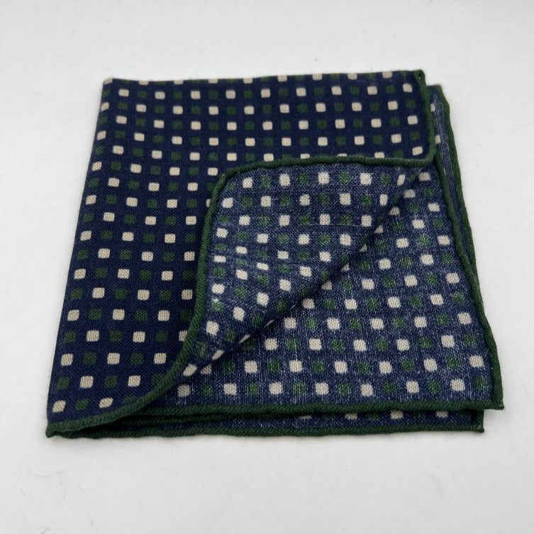 Holliday & Brown Hand-rolled   Holliday & Brown for Cruciani & Bella 89% Wool 11% Silk Blue, Green and Cream  Patterned Motif  Pocket Square Handmade in Italy 31 cm X 31 cm #0512
