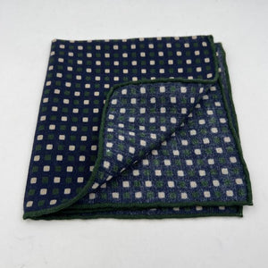 Holliday & Brown Hand-rolled   Holliday & Brown for Cruciani & Bella 89% Wool 11% Silk Blue, Green and Cream  Patterned Motif  Pocket Square Handmade in Italy 31 cm X 31 cm #0512