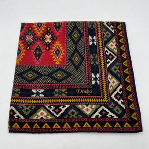 Drake's Printed 70% Wool 30%Silk Hand-rolled Multicolor - Kilim  Motif Pocket Square Handmade in Italy 44 cm X 44cm #6893