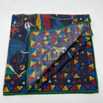 Drake's Printed 70% Wool 30%Silk Hand-rolled Multicolor - Circus Motif Pocket Square Handmade in Italy 44 cm X 44cm #6889