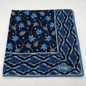 Drake's Printed 70% Wool 30%Silk Hand-rolled Blue and Light Blue - Floreal Motif Pocket Square Handmade in Italy 44 cm X 44cm #7075