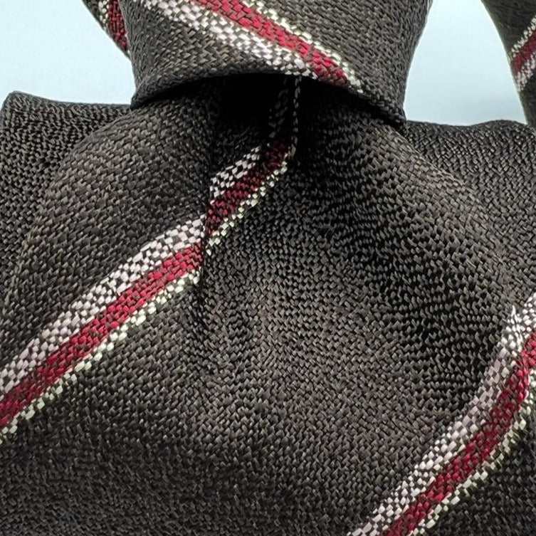 Drake's for Cruciani & Bella 100% Silk Garza  Tipped  Brown, Red and Pink Stripes  Tie Handmade in England Size 8 cm x 149 cm #5379