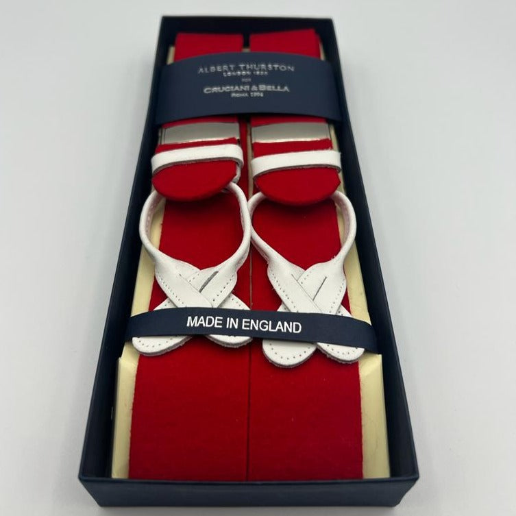 Albert Thurston for Cruciani & Bella Made in England Adjustable Sizing 40 mm  Pure Wool Boxcloth Wowen in the Yorkshire Red Plain  Braces Y-Shaped Nickel Fittings Size: L 0310