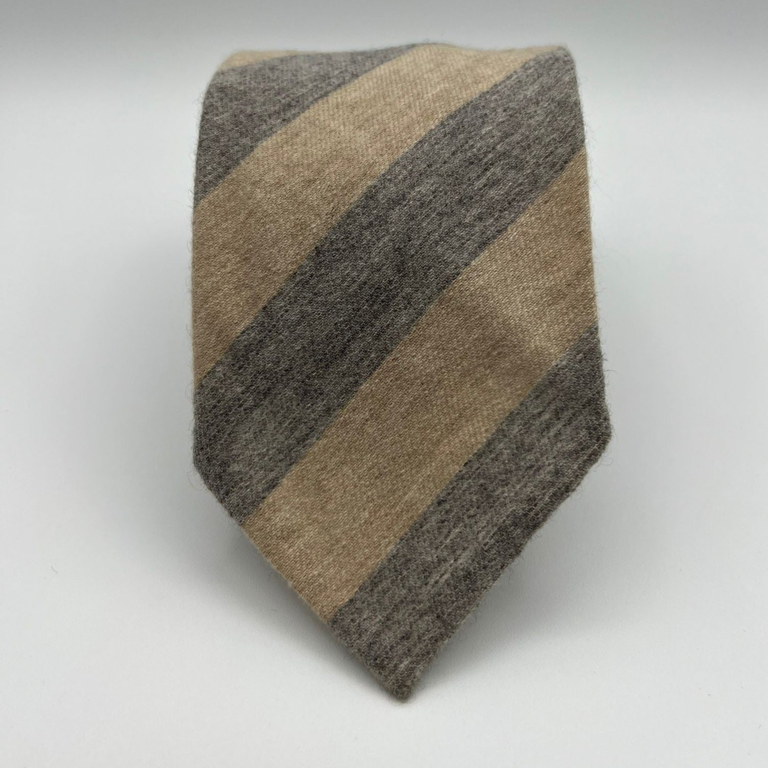 Our Old Label " La Cravatta & Co." 80% Wool  20% Cashmere Unlined Beige Tie Beige and Light Grey Stripes Handmade in Italy 9 cm x 149 cm New Old Stock #7086