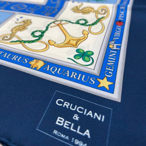 Cruciani & Bella Hand-rolled   100% Silk Elephante, Moon, and Zodiac Sign Design Blue and White Made in Italy 90 cm X 90 cm #7201