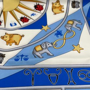 Cruciani & Bella Hand-rolled   100% Silk Elephante, Moon, and Zodiac Sign Design Blue and White Made in Italy 90 cm X 90 cm #7201