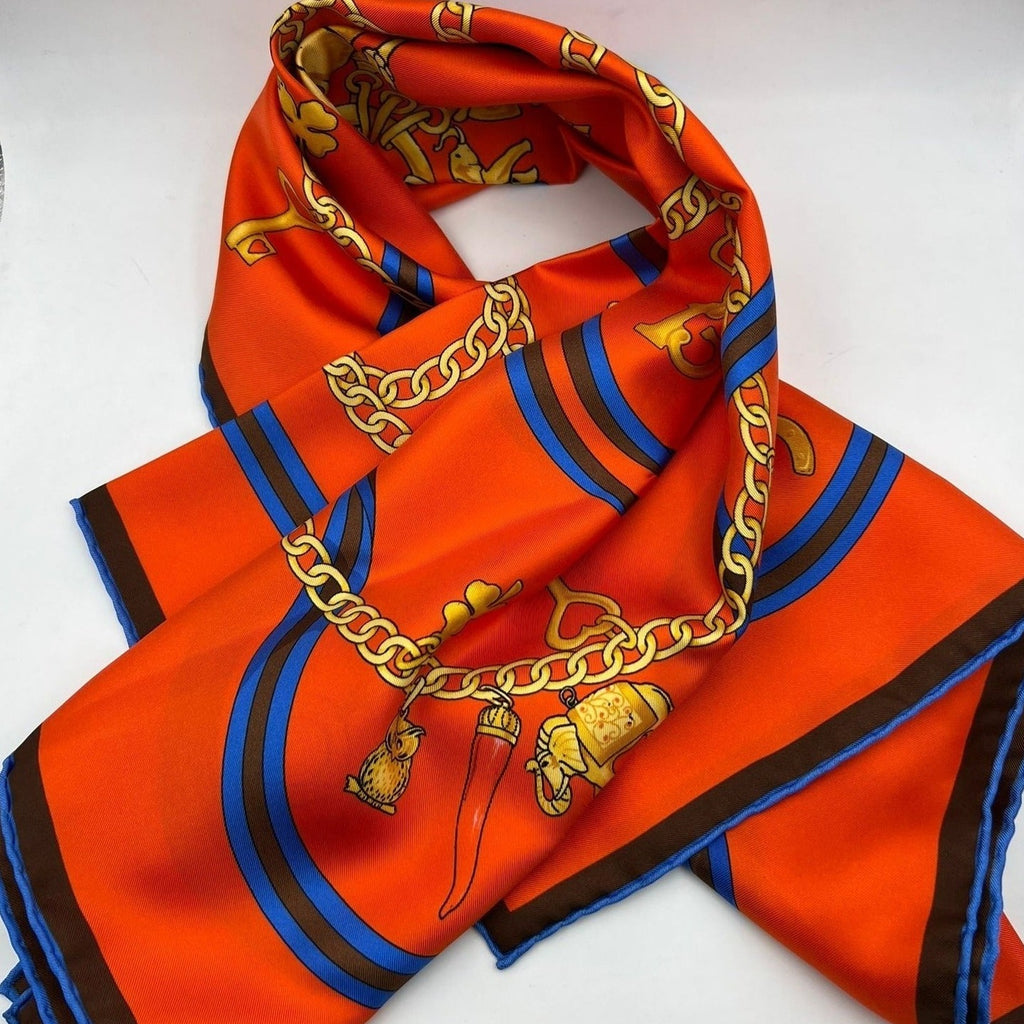 Cruciani & Bella Hand-rolled   100% Silk Lucky Design Orange, Gold and Blue and Brown Stripes Made in Italy 90 cm X 90 cm #7197