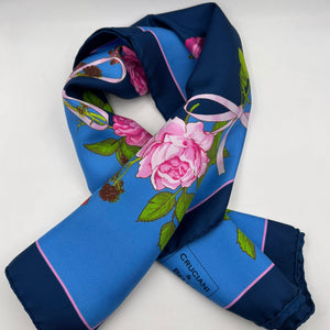 Cruciani & Bella Hand-rolled   100% Silk Floral and Fruity Design Blue and Olimpic Blue Made in Italy 90 cm X 90 cm #7198