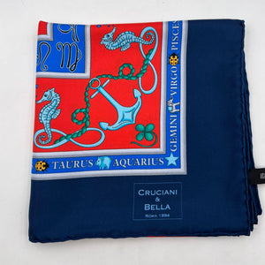 Cruciani & Bella Hand-rolled   100% Silk Elephante, Moon, and Zodiac Sign Design  Olimpic Blue and Light Red Made in Italy 90 cm X 90 cm #7200