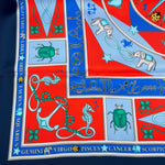 Cruciani & Bella Hand-rolled   100% Silk Elephante, Moon, and Zodiac Sign Design  Olimpic Blue and Light Red Made in Italy 90 cm X 90 cm #7200