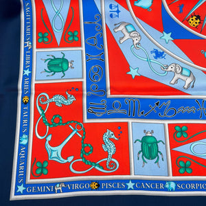 Cruciani & Bella Hand-rolled   100% Silk Elephante, Moon, and Zodiac Sign Design  Olimpic Blue and Light Red Made in Italy 90 cm X 90 cm #7200