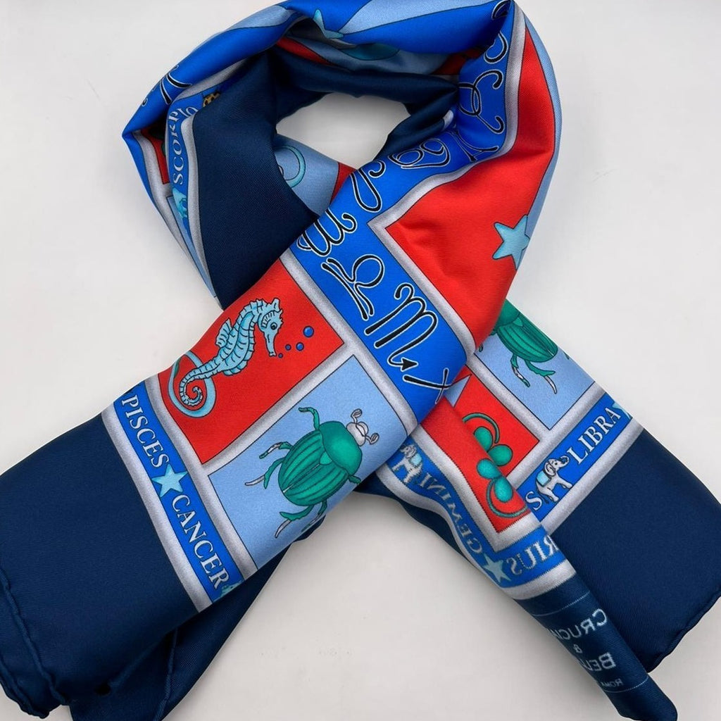 Cruciani & Bella Hand-rolled   100% Silk Elephante, Moon, and Zodiac Sign Design  Olimpic Blue and Light Red Made in Italy 90 cm X 90 cm #7200