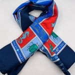 Cruciani & Bella Hand-rolled   100% Silk Elephante, Moon, and Zodiac Sign Design  Olimpic Blue and Light Red Made in Italy 90 cm X 90 cm #7200