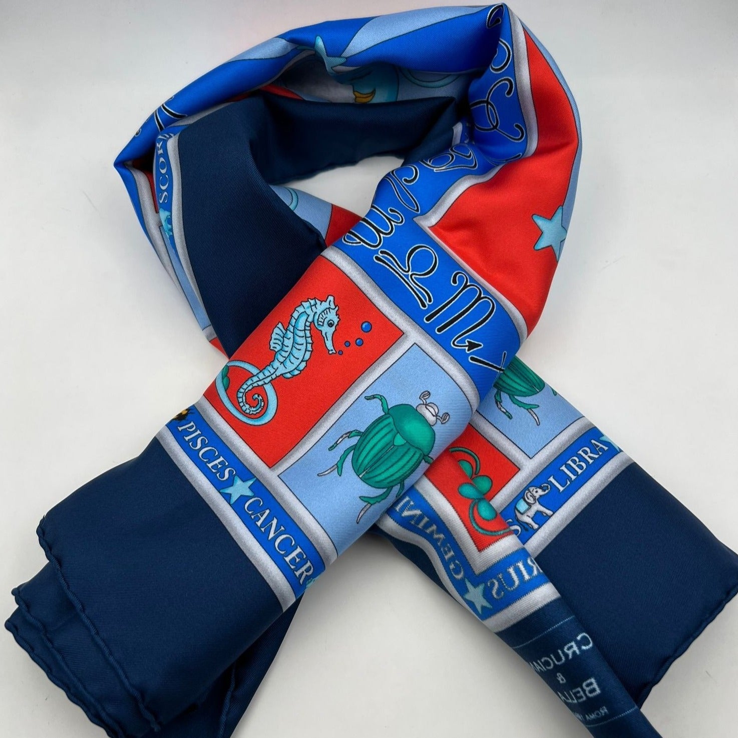 Cruciani & Bella Hand-rolled   100% Silk Elephante, Moon, and Zodiac Sign Design  Olimpic Blue and Light Red Made in Italy 90 cm X 90 cm #7200