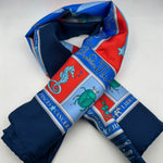 Cruciani & Bella Hand-rolled   100% Silk Elephante, Moon, and Zodiac Sign Design  Olimpic Blue and Light Red Made in Italy 90 cm X 90 cm #7200