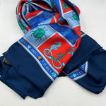Cruciani & Bella Hand-rolled   100% Silk Elephante, Moon, and Zodiac Sign Design  Olimpic Blue and Light Red Made in Italy 90 cm X 90 cm #7200