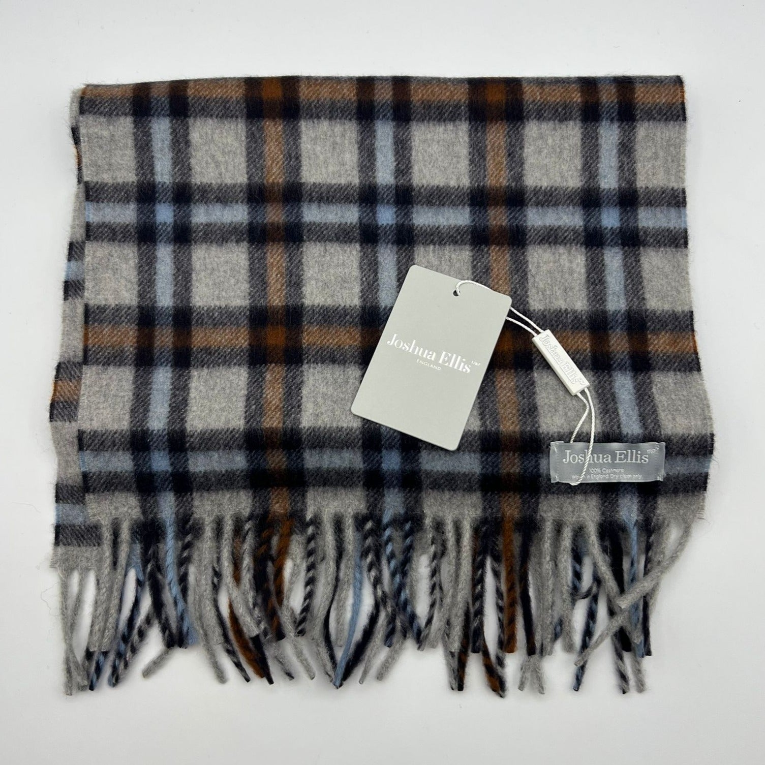 Joshua Ellis 100% Cachemire Made In England 30 x 180 cm Grey and Multicolor Squares Motif #6075