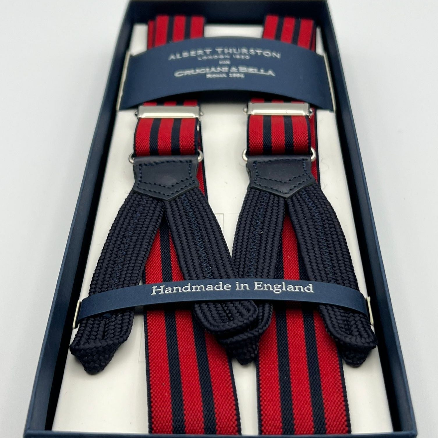 Albert Thurston for Cruciani & Bella Made in England Adjustable Sizing 25 mm elastic braces  Red and Blue Stripes Braid ends Y-Shaped Nickel Fittings Size: XL #6751