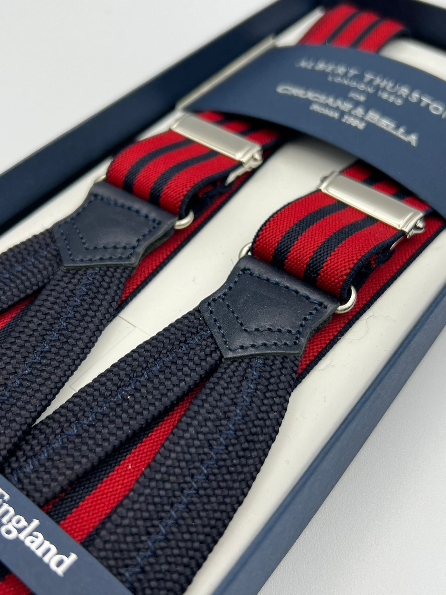 Albert Thurston for Cruciani & Bella Made in England Adjustable Sizing 25 mm elastic braces  Red and Blue Stripes Braid ends Y-Shaped Nickel Fittings Size: XL #6751