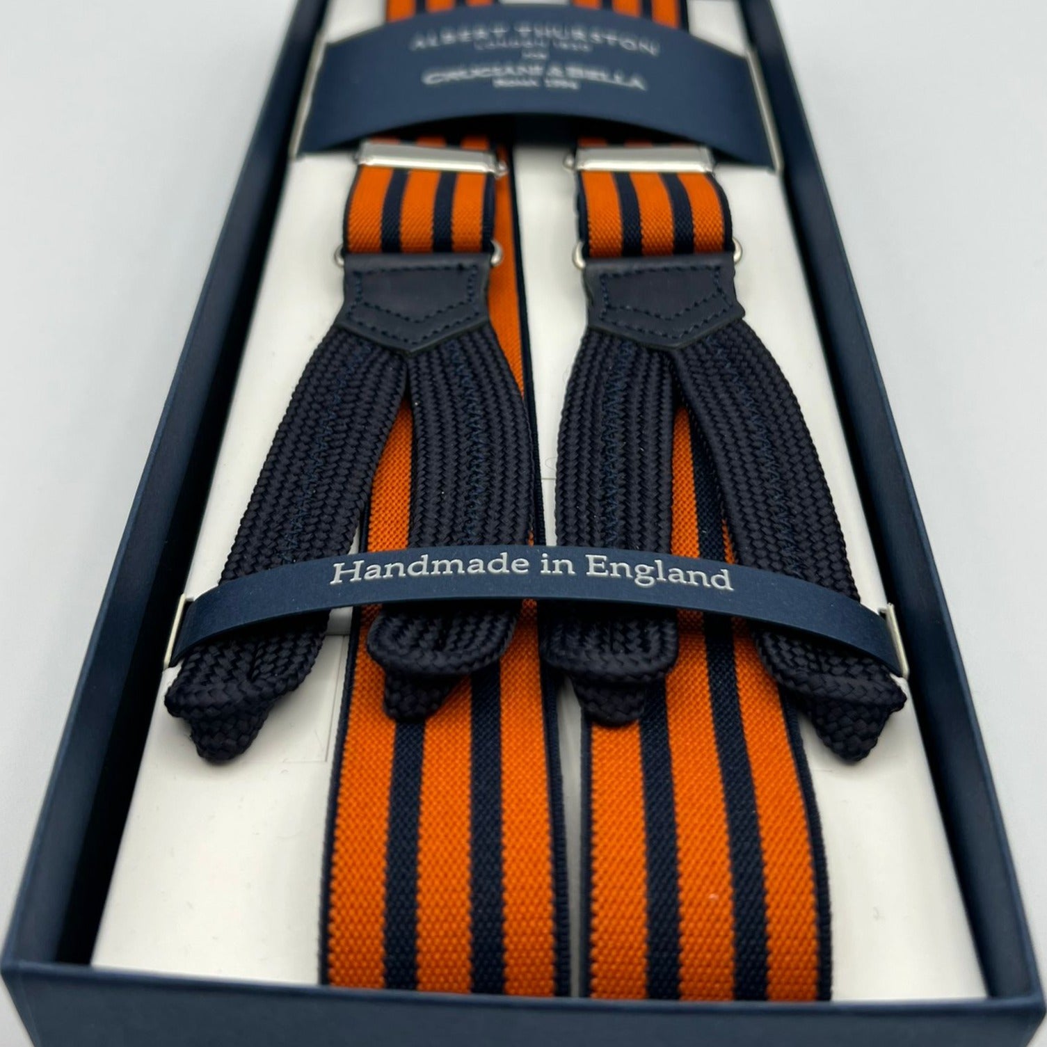 Albert Thurston for Cruciani & Bella Made in England Adjustable Sizing 25 mm elastic braces  Orange and Blue Stripes Braid ends Y-Shaped Nickel Fittings Size: XL #6750