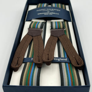 Albert Thurston for Cruciani & Bella Made in England Adjustable Sizing 25 mm elastic braces  Multicolor Stripes Braid ends Y-Shaped Nickel Fittings Size: XL #6756